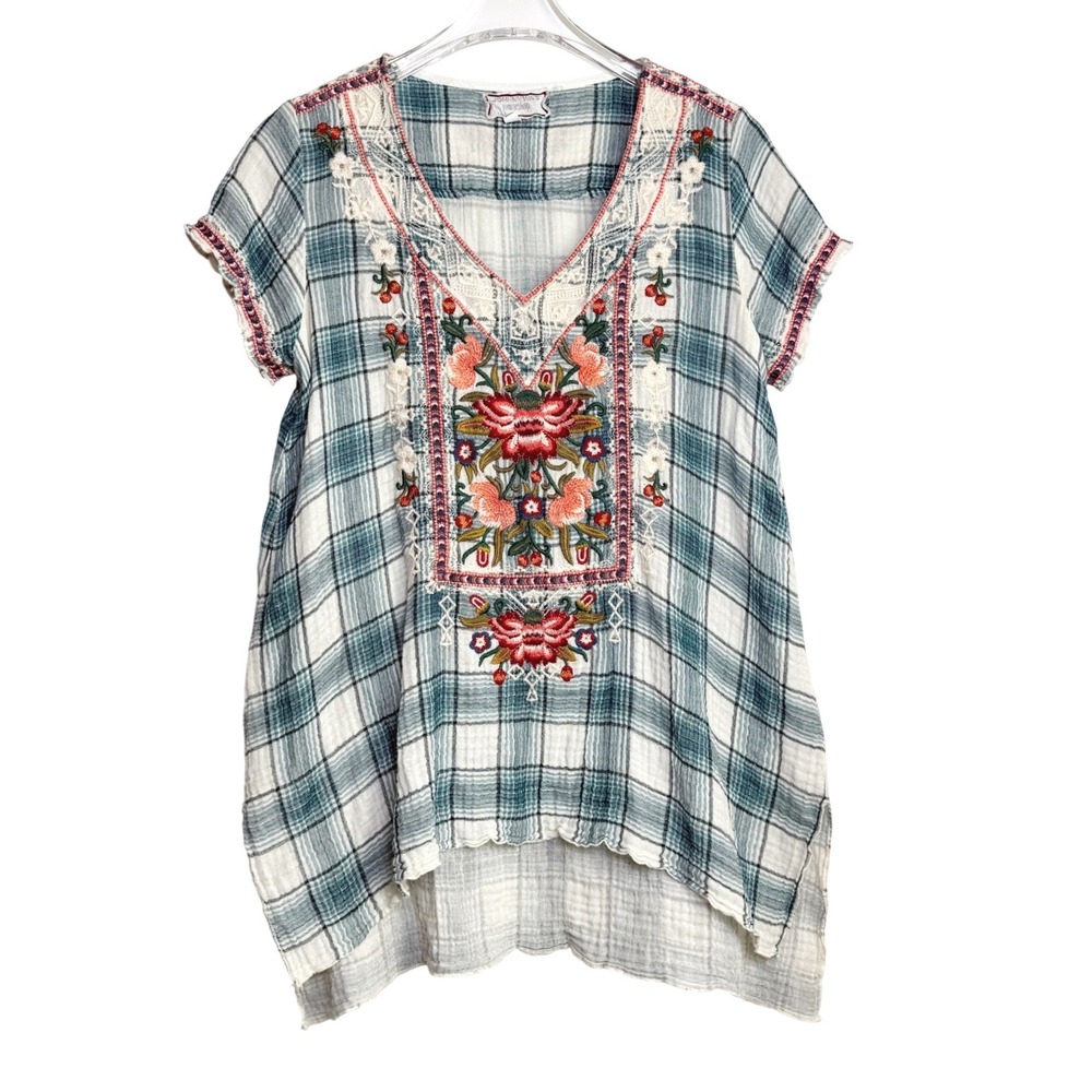 Johnny Was Workshop Juliene Top Womens S Blue Plaid Embroidered Cotton Boho